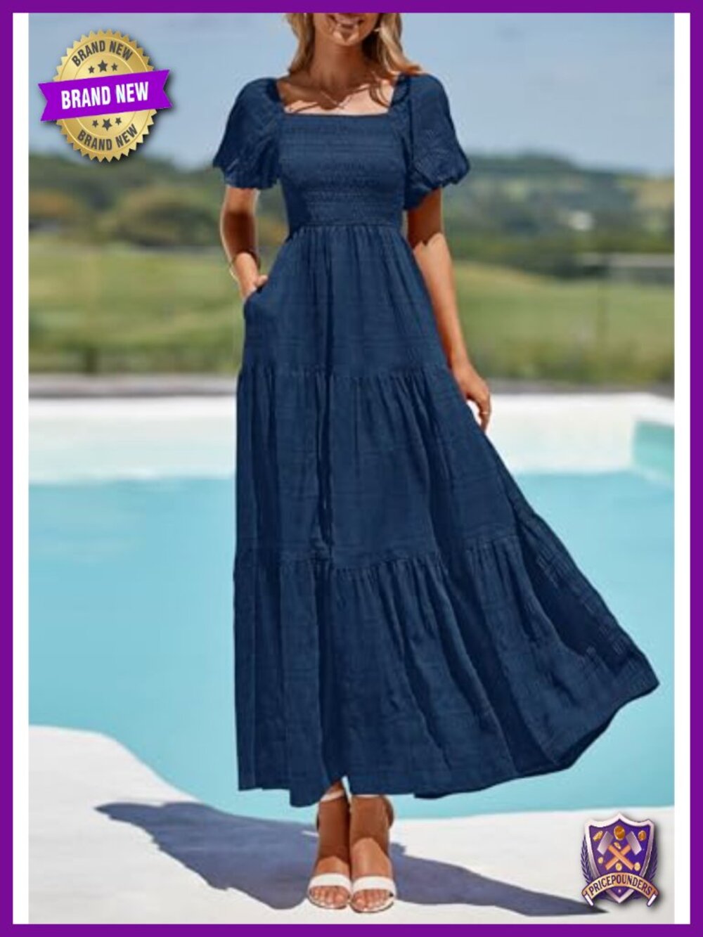 Puff Short Sleeve Maxi Dress Square Neck Smocked Tiered Ruffle A Line Long - Picture 5 of 6